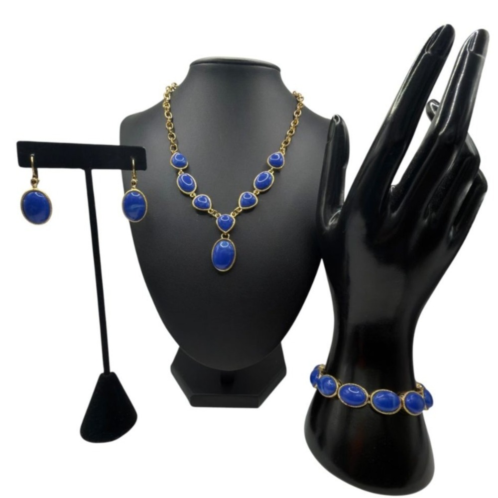 Monet Necklace Earrings Bracelet Set Gold Tone Blue Acrylic Adjustable 16-18"